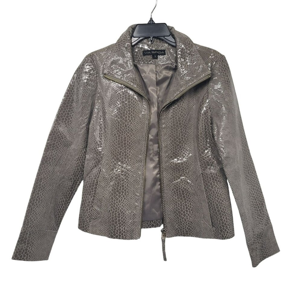 Via Spiga Y2K Shiny Gray Snakeskin Women Leather Jacket Mob Wife Carmela Soprano